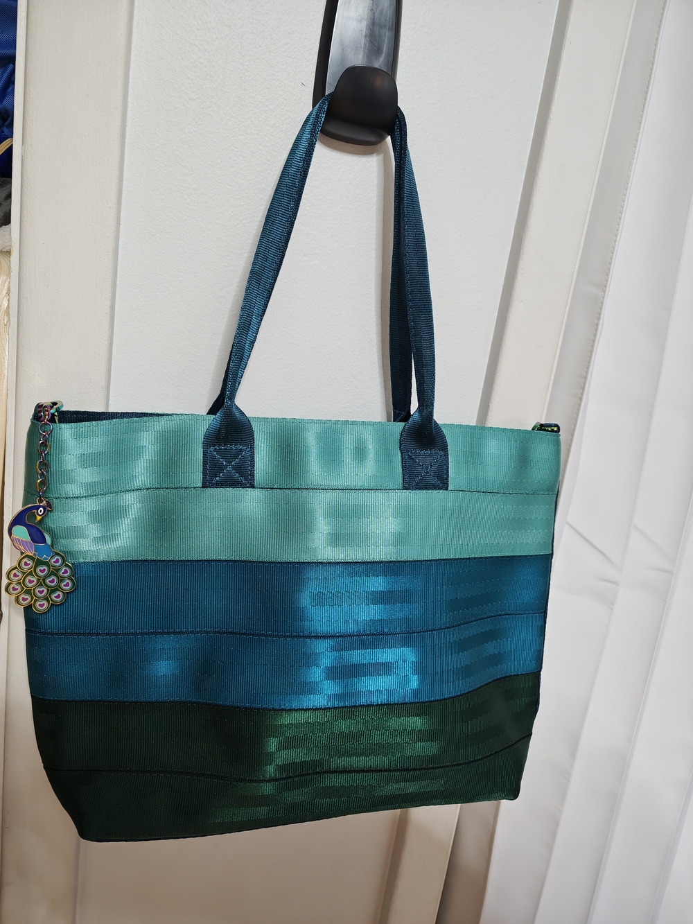Harveys Peacock Teal, Aqua & Dark Green Striped Tote with Crossbody Strap